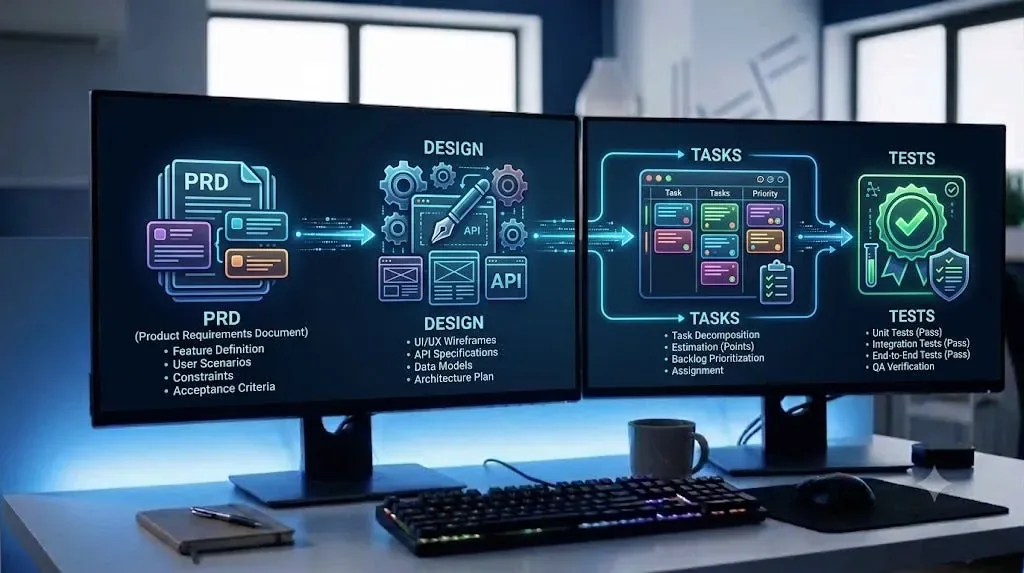 The flow from PRD to design to tasks to test