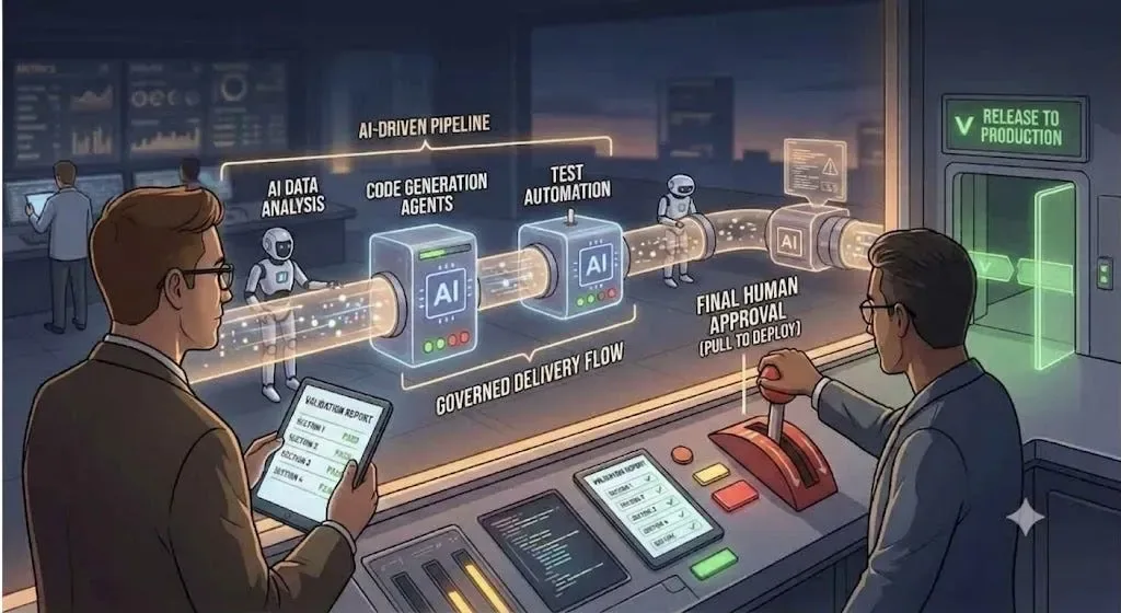 Human approval sitting over an AI-driven pipeline