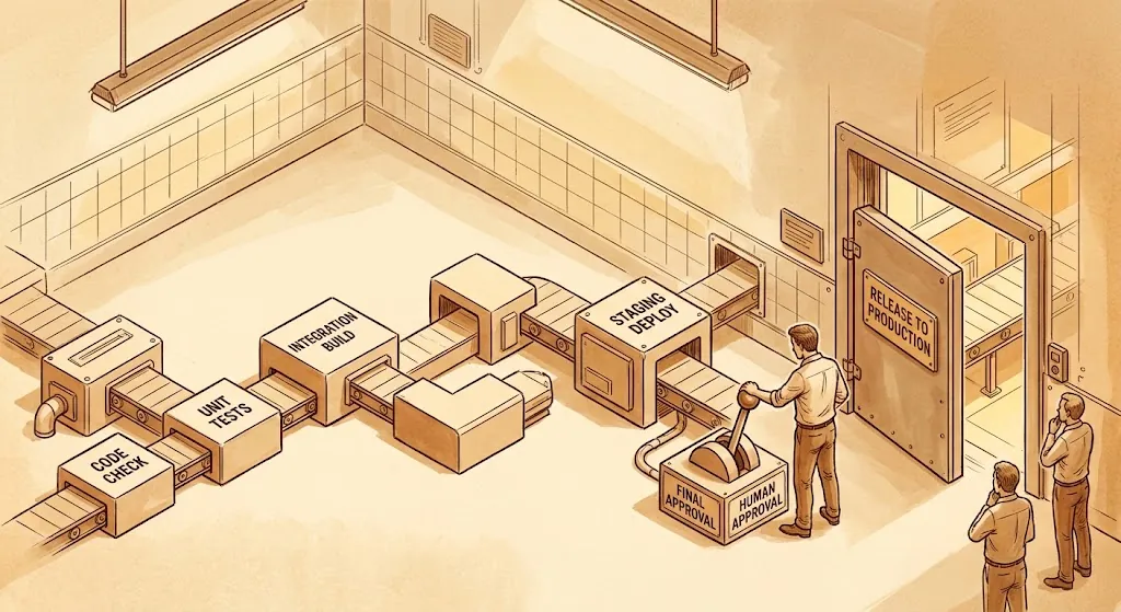 Eine Delivery-Pipeline, die von der Codeprüfung über Unit-Tests bis zum Staging-Deployment verläuft, mit einer Person am finalen Hebel für die menschliche Freigabe neben der Tür zur Freigabe für die Produktion